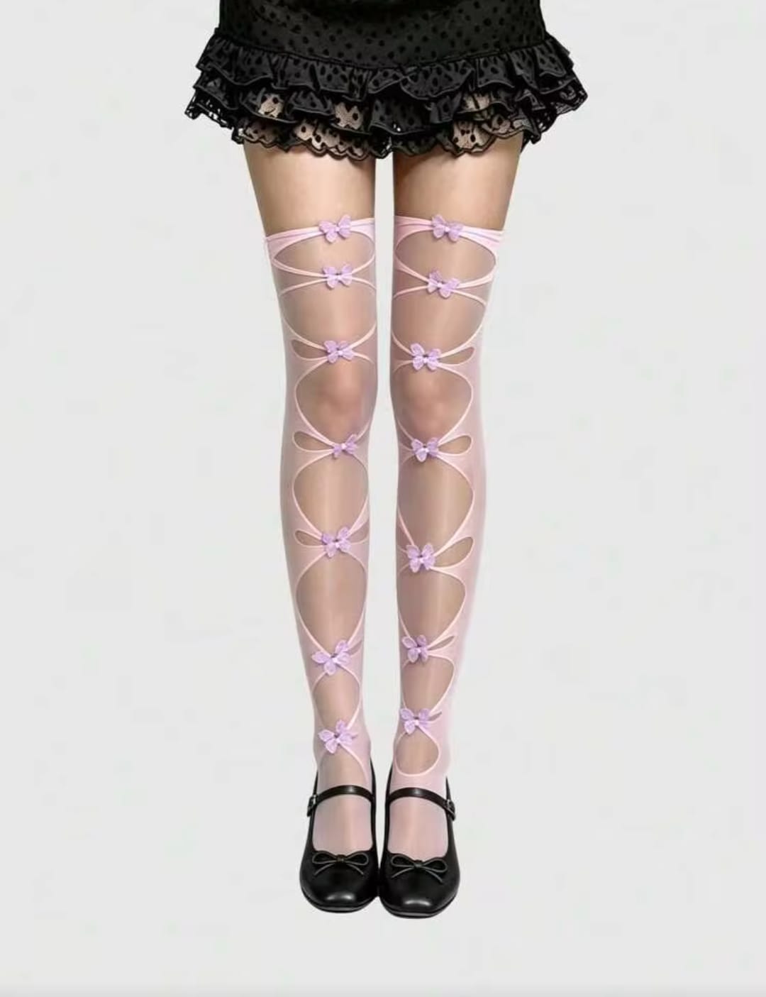 Women’s Sheer Pink Thigh-High Stockings with Butterfly Bow Details – Romantic Fashion Hosiery